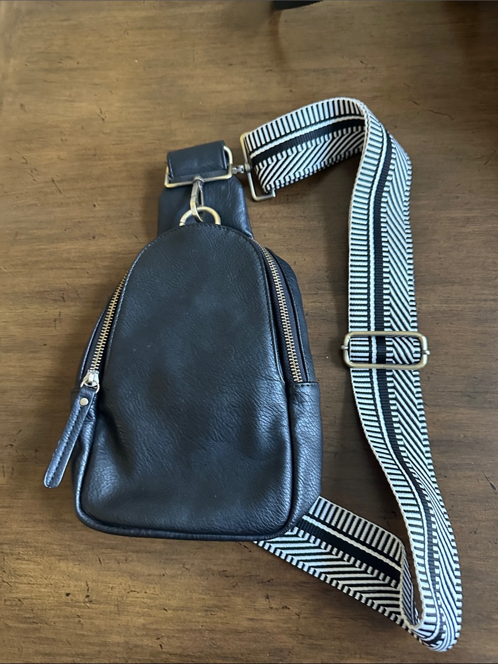Anthropologie Black Leather Crossbody Sling Bag with wPatterned Strap- like new!